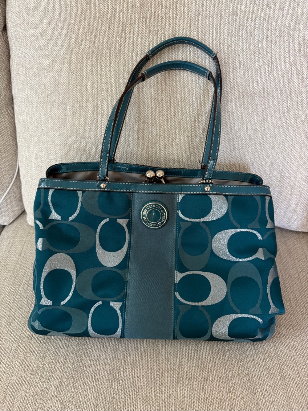 Coach Teal Signature Canvas Shoulder Bag with Silver Accents